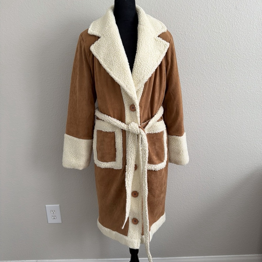 Penny Lane Faux Suede Sherpa Coat Womens Longline Belted 70s Boho Jacket